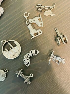 8 Silver Theater Travel ski skates Charms Mixed lot jewelry necklace vintage